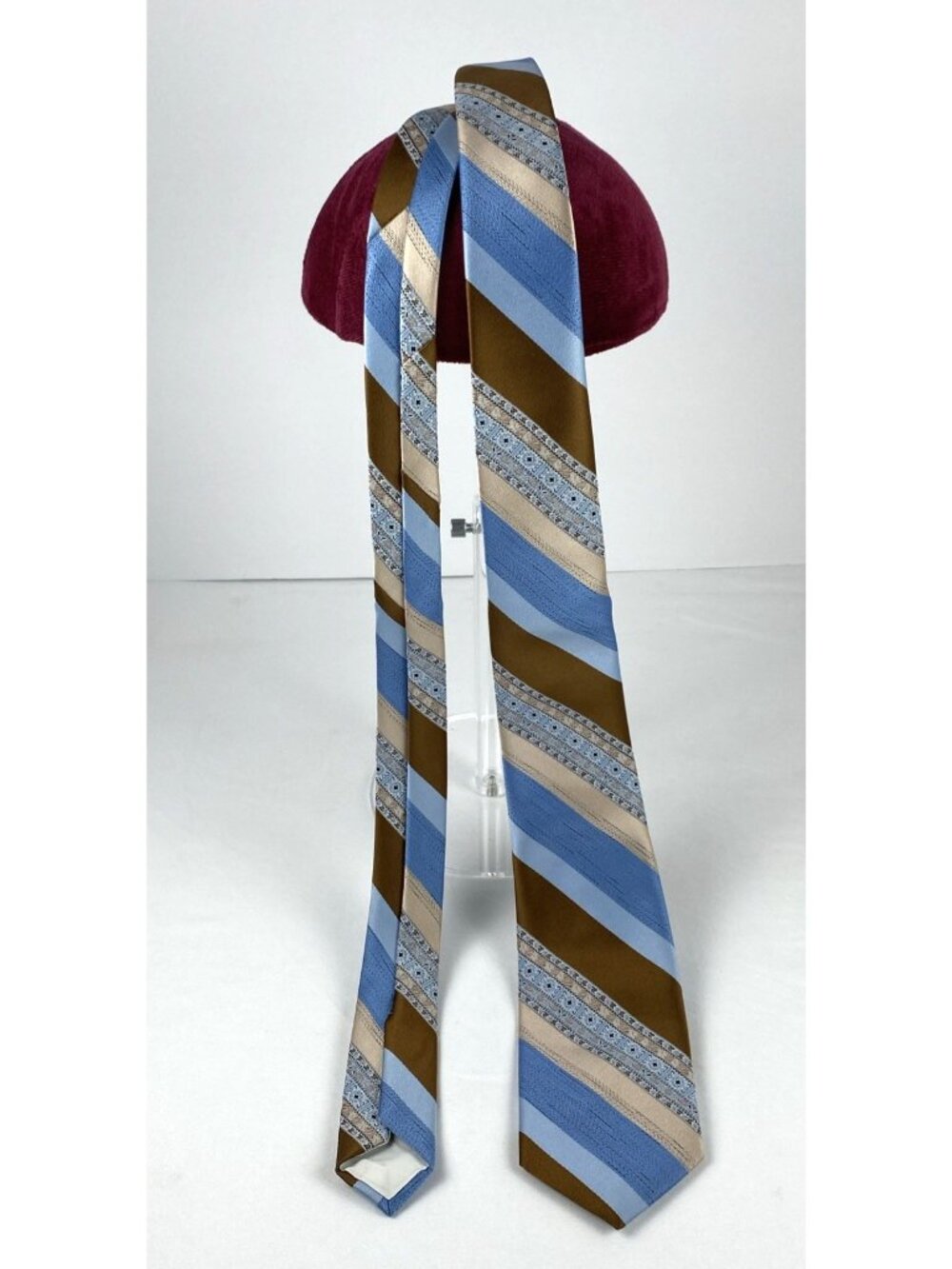 Vintage BOTANY 500 Blues Brown Tan 53.5" 100% Polyester Striped Necktie USA Made - Picture 3 of 5